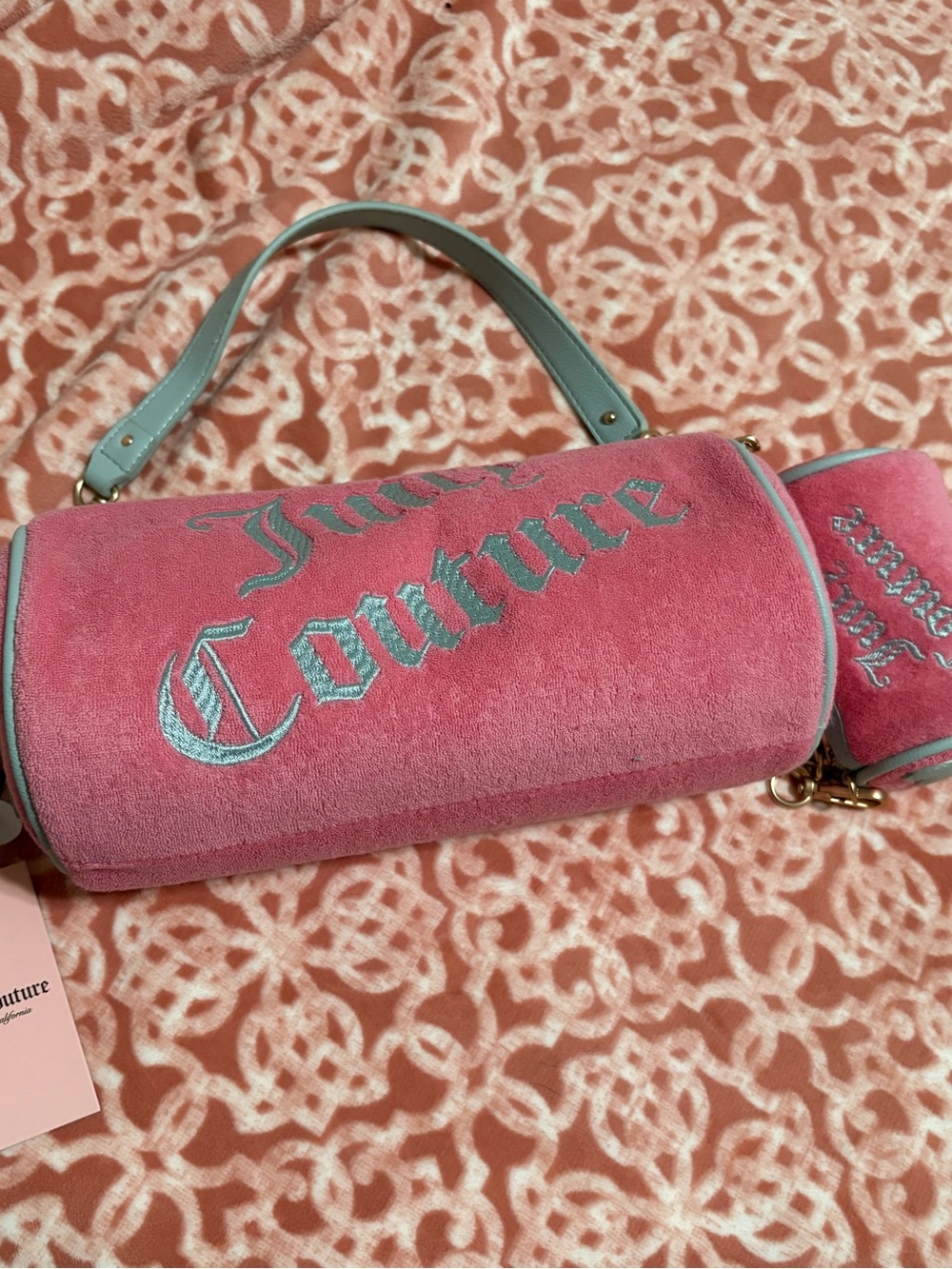 NWT Juicy Couture Pink Lemonade Pastel/Turquoise Barrel with mini Barrel